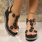 Sandalias de cuña con flores y diamantes de imitación para mujer, sandalias de plataforma gruesas con cristales de lujo, zapatos de fiesta de tacón súper alto de Pvc transparente, 2025