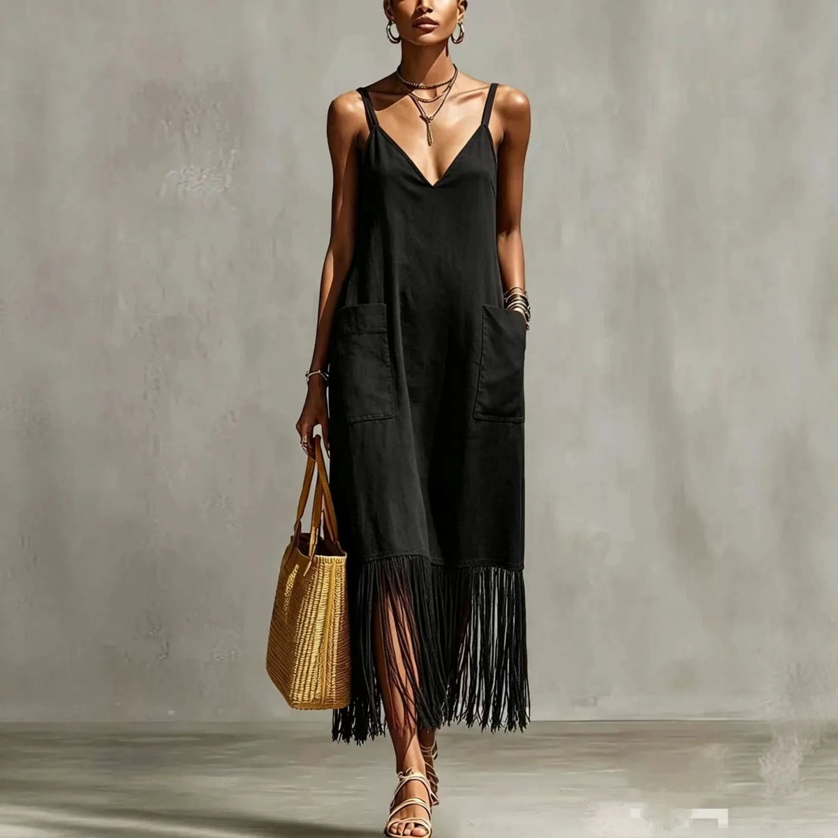 Vestido Largo Casual con Tirantes y Borlas