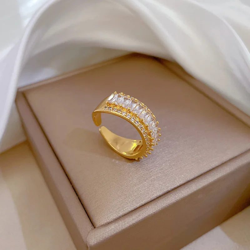 Anillos de circón gruesos brillantes de lujo chapados en oro de 18k para mujer, anillo de cobre abierto ajustable a la moda, joyería, regalos de boda