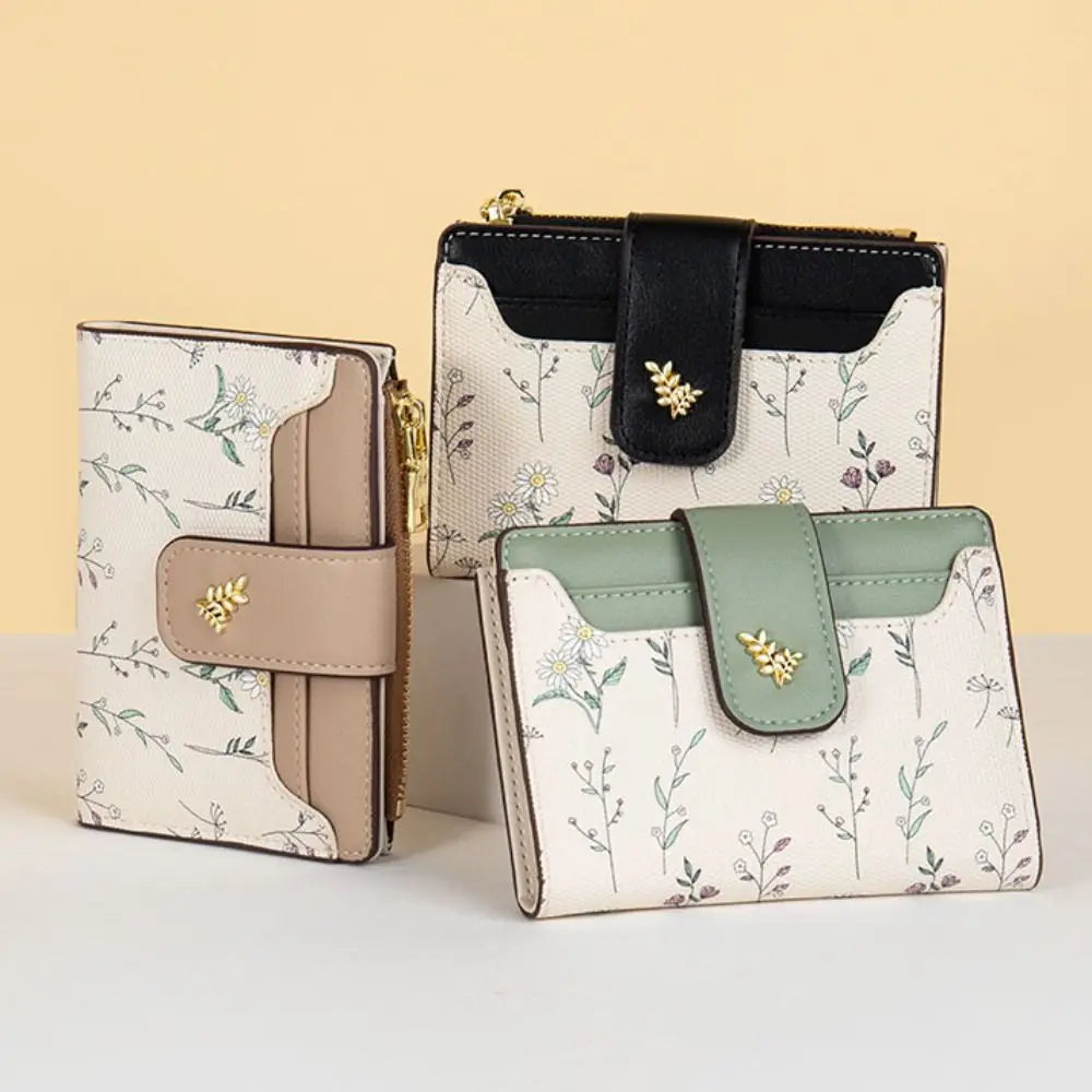 Cartera corta delgada de cuero PU INS, monedero con cremallera para múltiples tarjetas, monedero con flores pequeñas, cartera con cremallera para mujer y niña