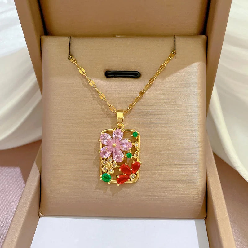 Collares con colgante cuadrado de flor de circón colorido Vintage para mujer, cadena de acero inoxidable de Color dorado, regalos de joyería de lujo