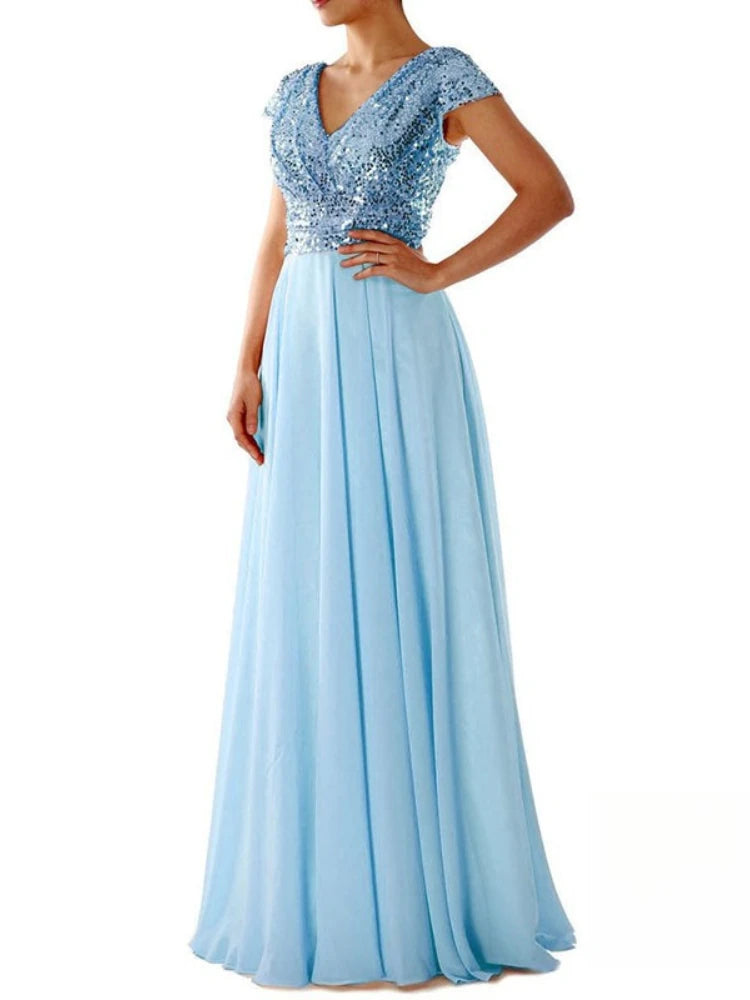 Vestido Cóctel Gasa Plisado Elegante Lentejuelas | Cuello V Formal Longitud Suelo