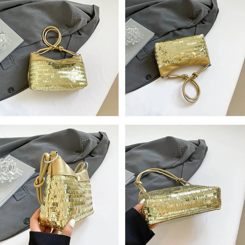 Bolsos de hombro informales con retales de lentejuelas para mujer, bolsos sencillos y versátiles para ir al trabajo, Color sólido, bolso para axila para chica