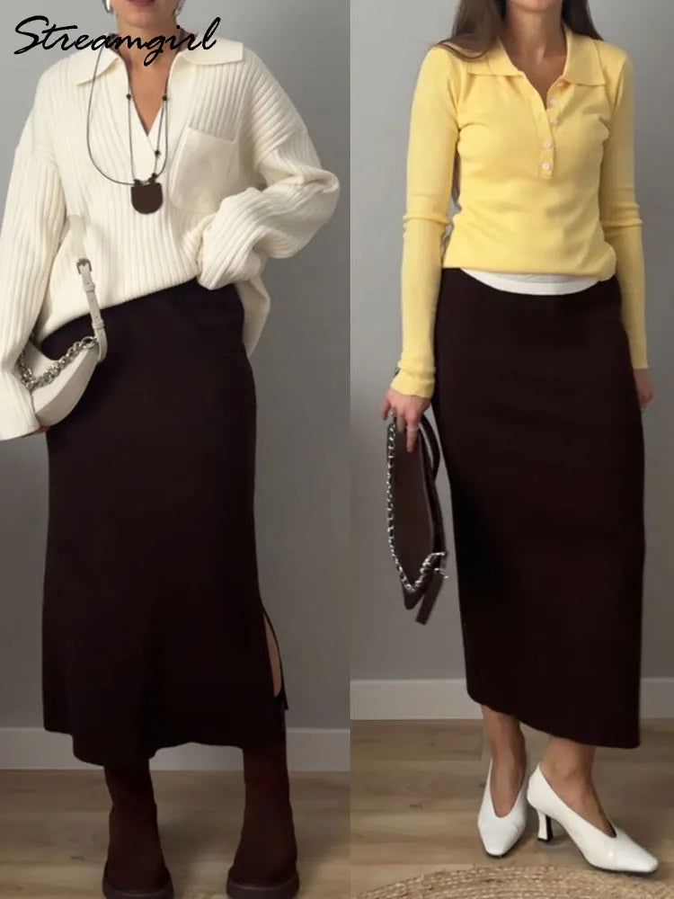 Falda Maxi Recta de Punto con Abertura Estilo Coreano Casual