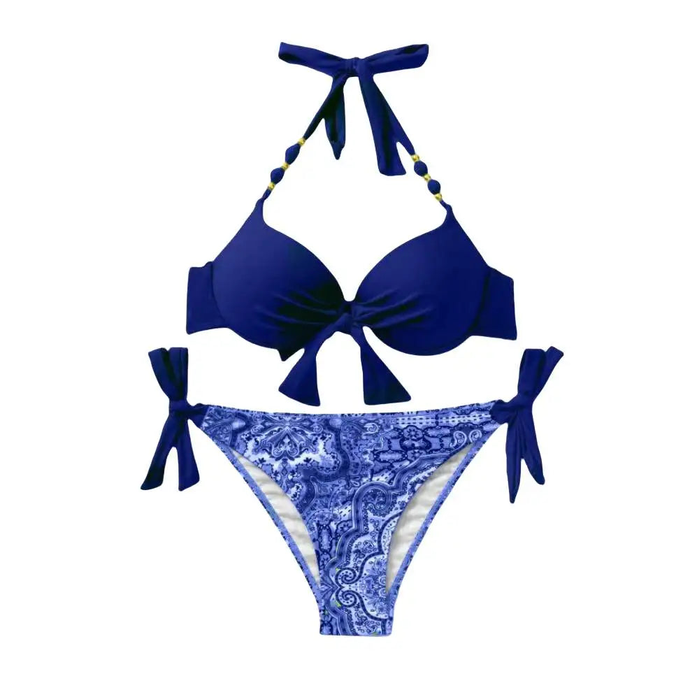 Bikini de Neón con Lazo Lateral y Estampado de Cachemira Push Up