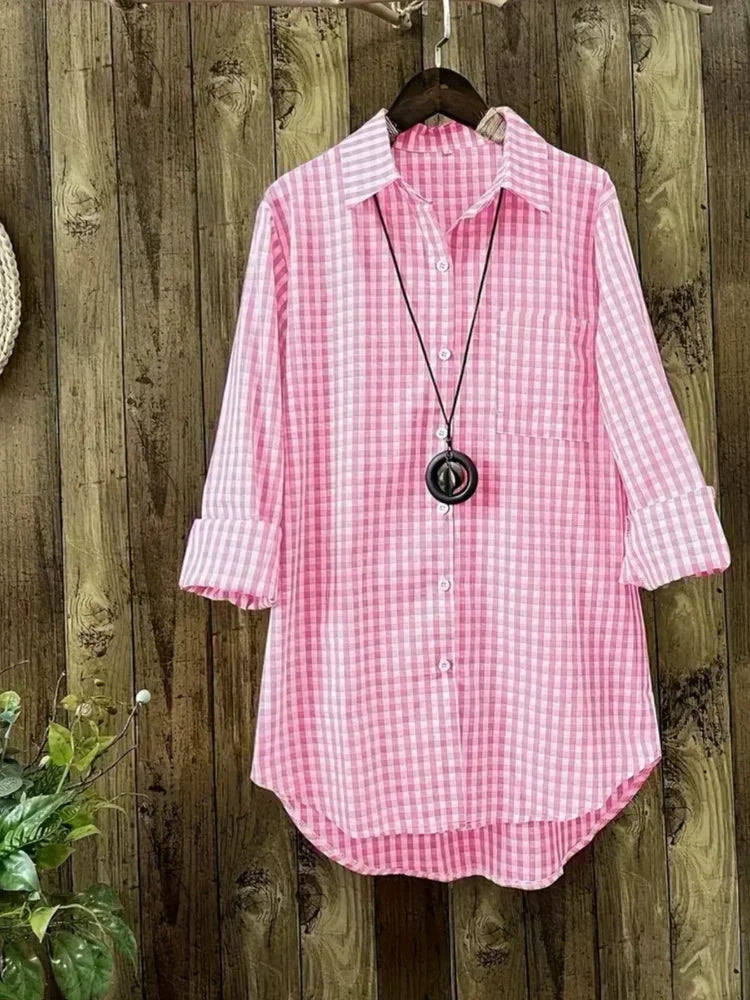 Camisa de Lino y Algodón a Cuadros Plus Size | Manga Larga Cuello V | Tallas 1XL-5XL | Tico Trendy