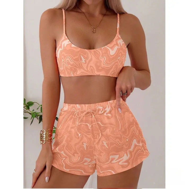 Conjunto de Bikini con Estampado de Mármol y Pareo - Outfit Casual para la Playa