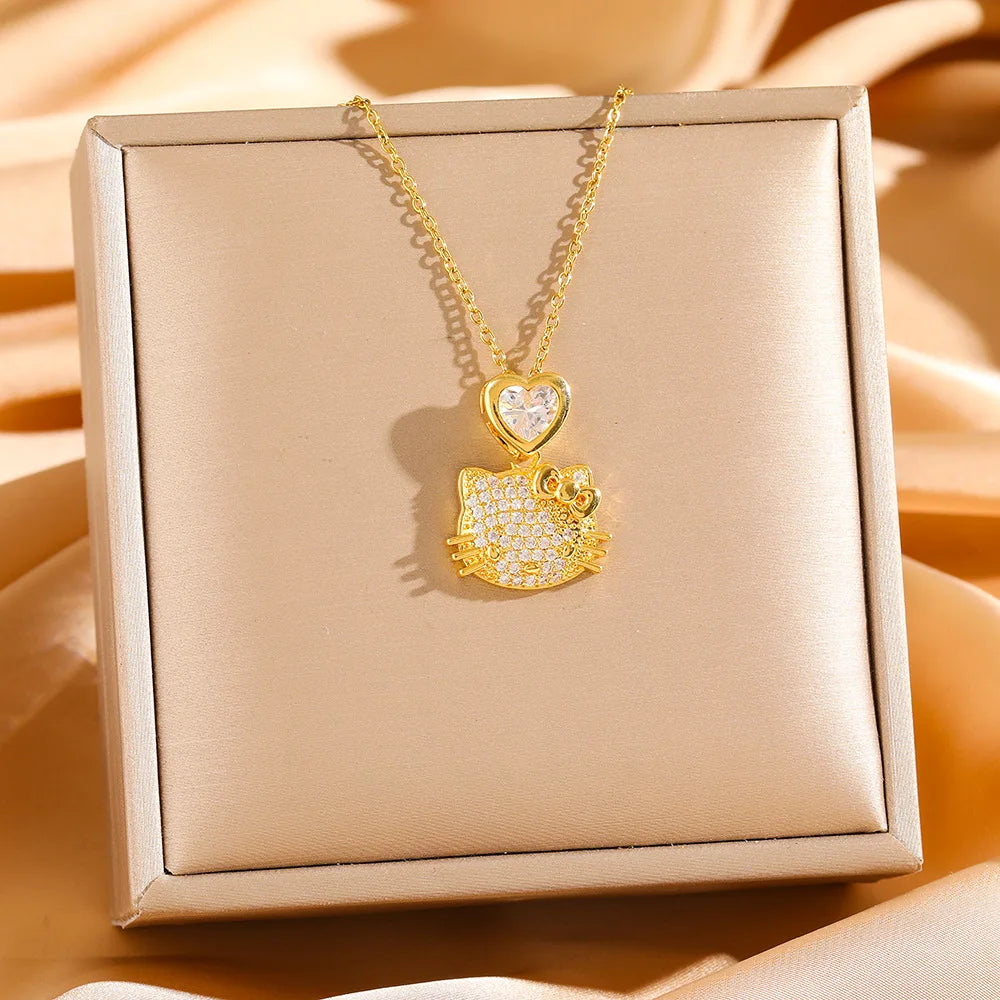Cadena de acero inoxidable Sanrio lindo Hello Kitty Kuromi collares con colgante de circón brillante para mujeres niñas joyería de moda de Color dorado