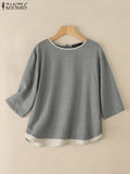 Elegante Blusa de Verano Manga Tres Cuartos con Retazos y Cuello Redondo