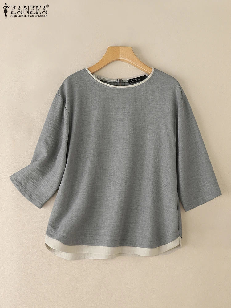 Elegante Blusa de Verano Manga Tres Cuartos con Retazos y Cuello Redondo