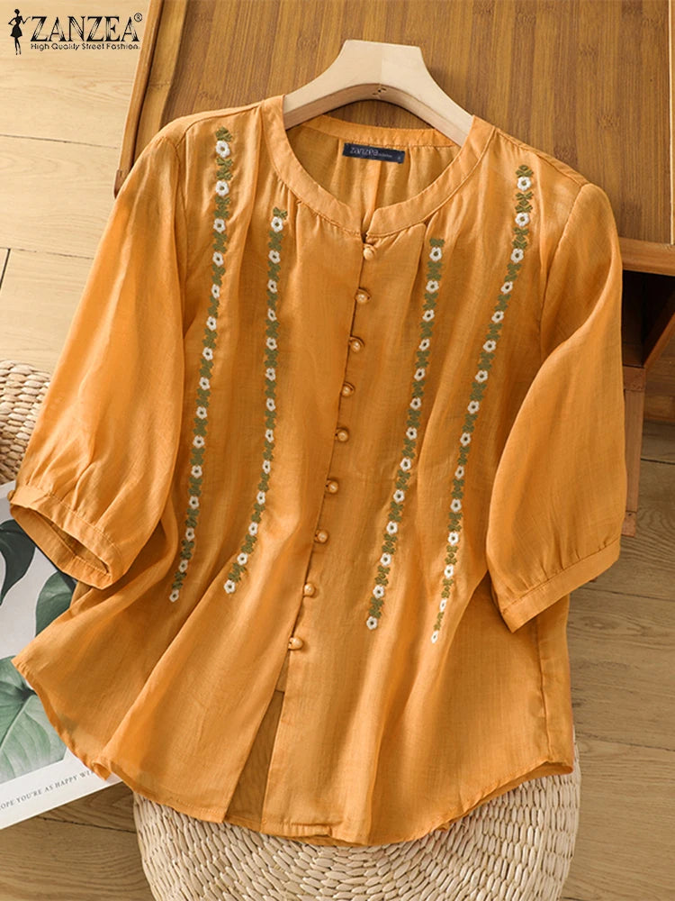 Blusa Vintage 2025 para Mujer | Bordado Floral | Túnica Holgada con Botones | Ticotrendy