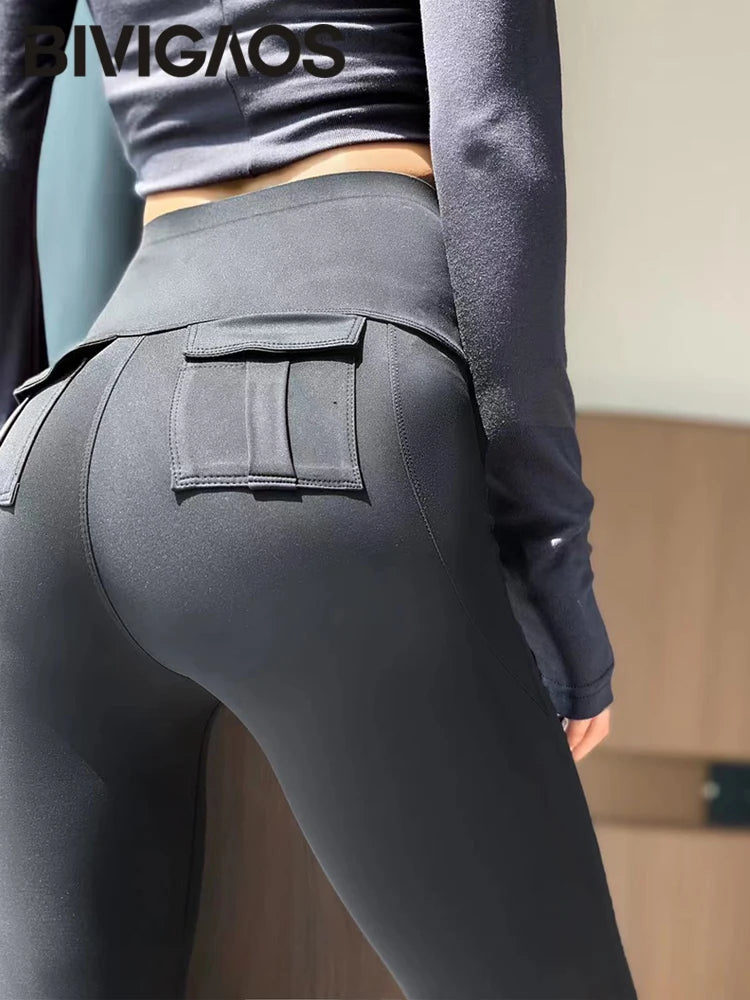 Leggings Piel Tiburón Cargo | Cintura Alta Elástico Sexy | Bolsillo Fitness Deporte PV | Ticotrendy