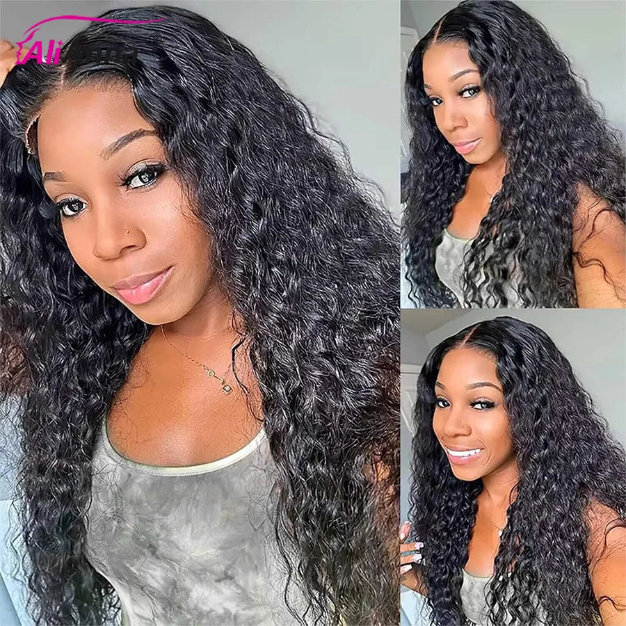 Peluca sin pegamento de onda de agua, cabello humano listo para usar, cabello humano rizado profundo, cierre de encaje, peluca brasileña, 6x4