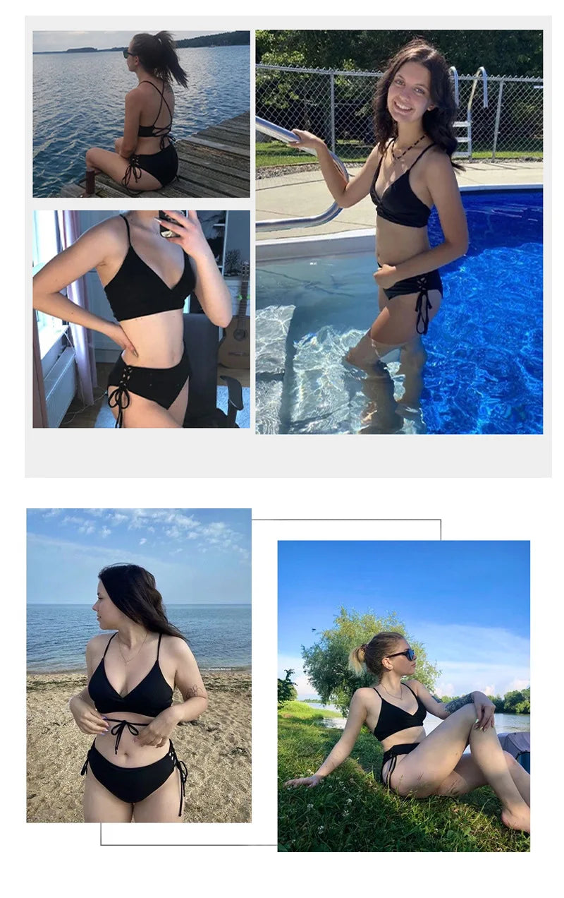 Bikini con Cordones y Cuello en V Profundo - Triangulares