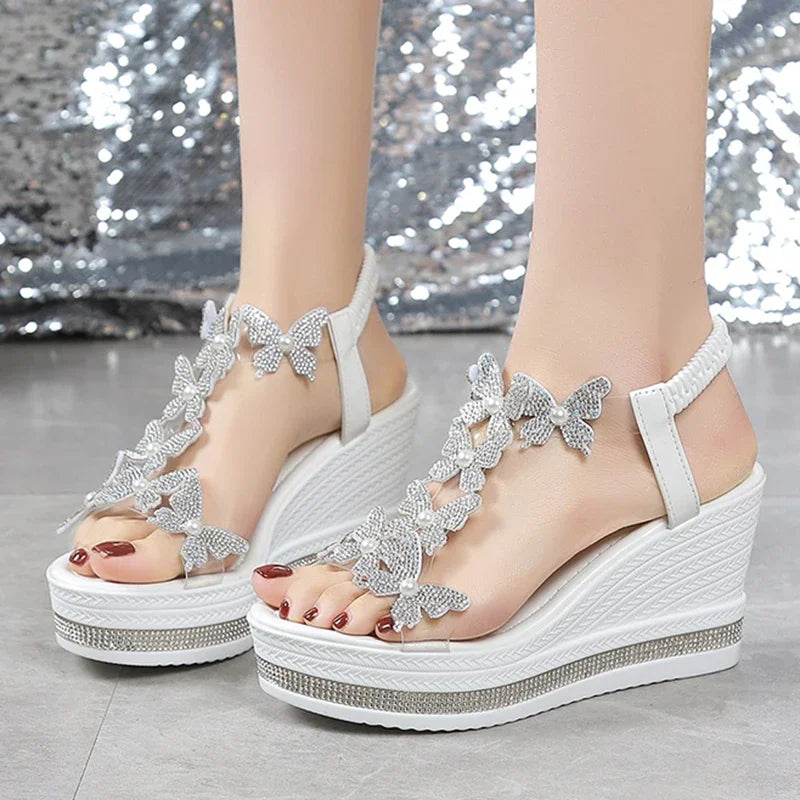 Sandalias de cuña de mariposa con cristales a la moda, Sandalias de verano con plataforma gruesa y banda elástica para mujer, Sandalias de tacón alto con perlas 43