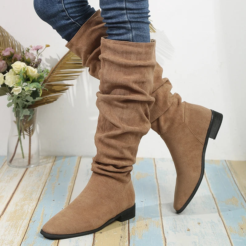 Botas Hasta La Rodilla Gamuza Vintage Tacón Grueso Tica Elegante