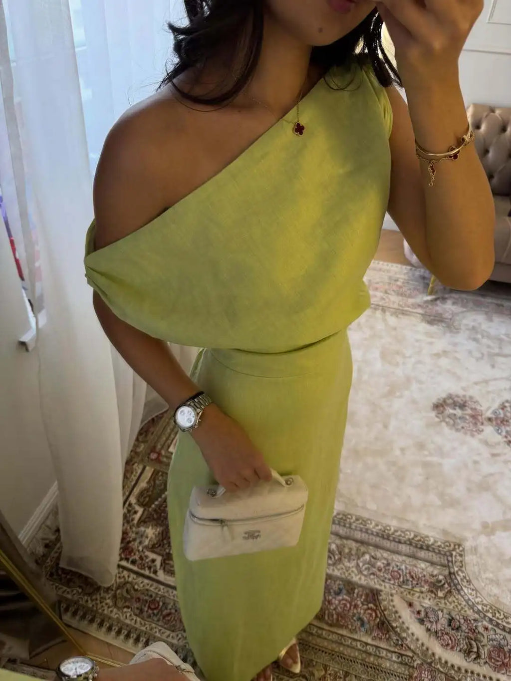 Vestido de Lino y Algodón Un Hombro para Fiesta