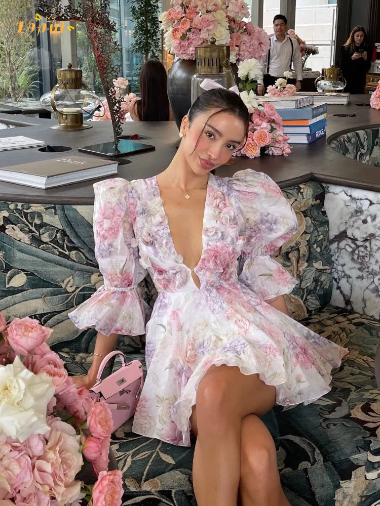 Vestido elegante con empalme de flores en 3d para mujer, minivestido con cordones, sin espalda, sin mangas, con dobladillo plegable, para playa