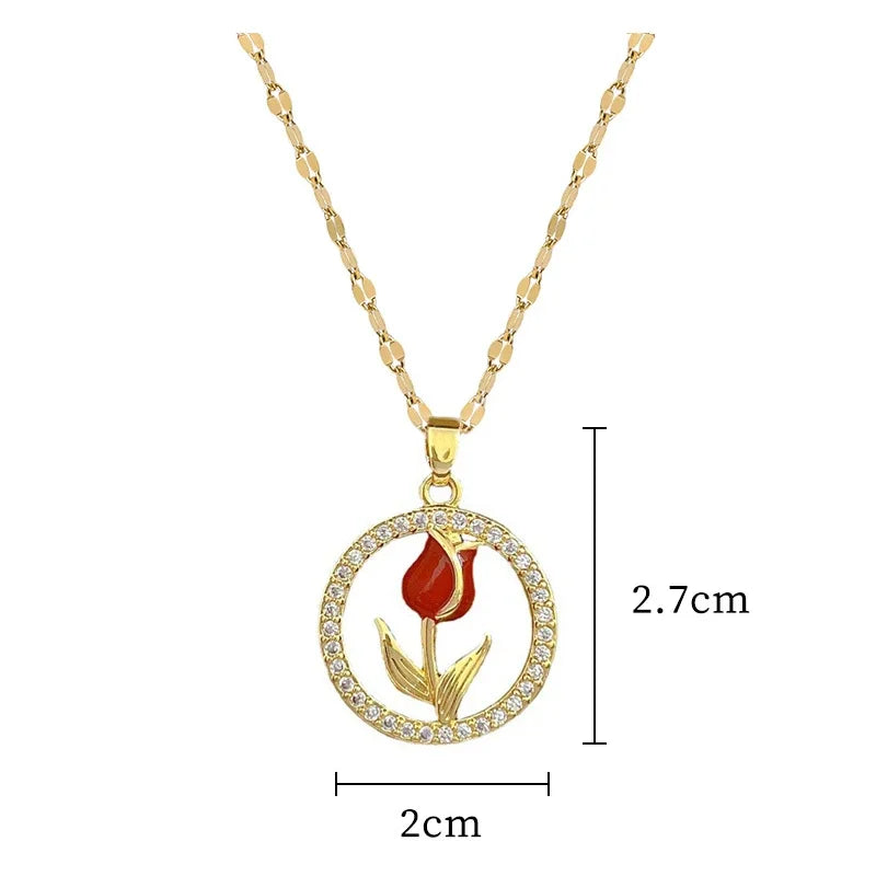 Collar Acero Inoxidable Vintage Flor Rosa Roja Circones Brillantes | Regalo Accesorio Elegante