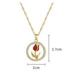 Collar Acero Inoxidable Vintage Flor Rosa Roja Circones Brillantes | Regalo Accesorio Elegante