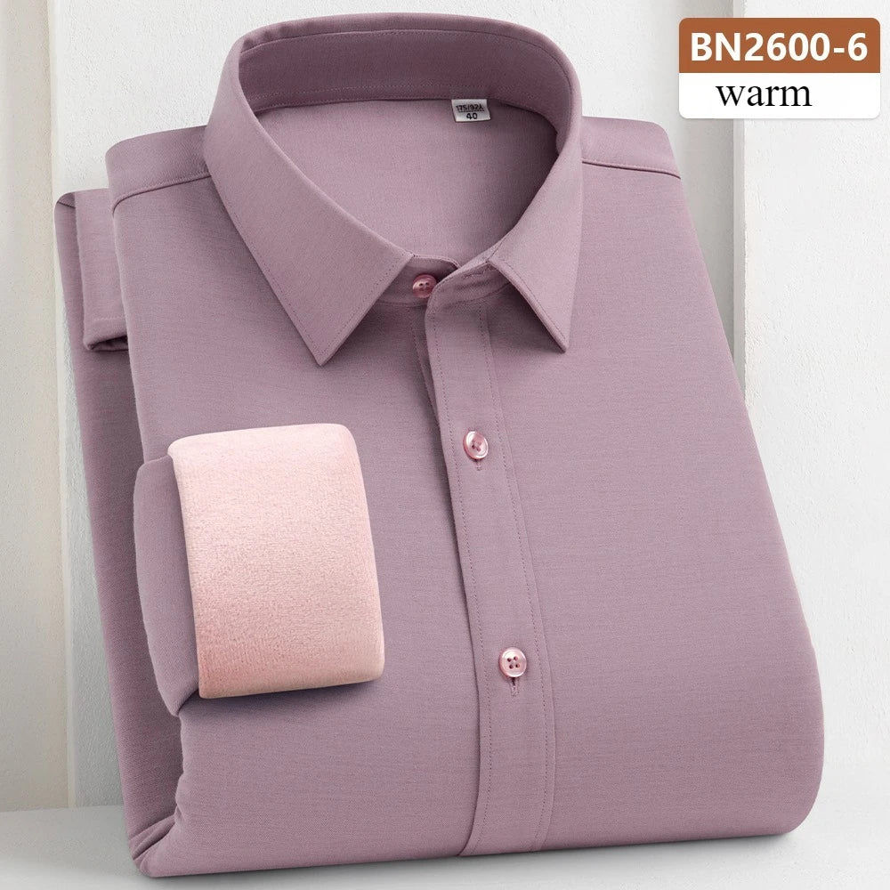 Camisa de Lana Cálida Hombre | Manga Larga | Negocios Casual | Color Sólido Suave