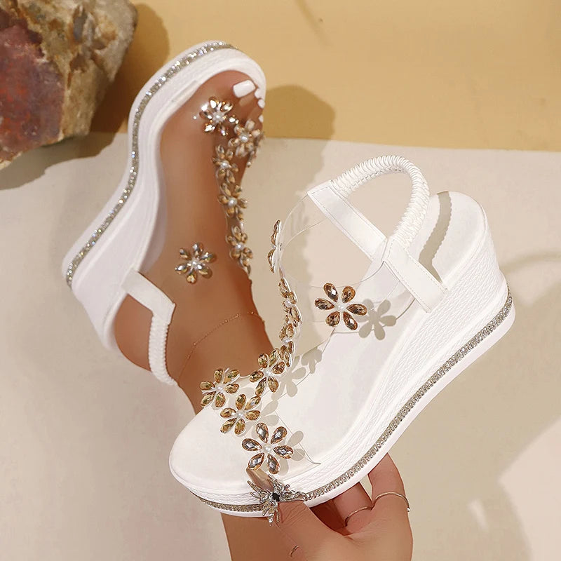 Sandalias de Mujer | Plataforma y Tacón Alto | Flores y Diamantes de Imitación