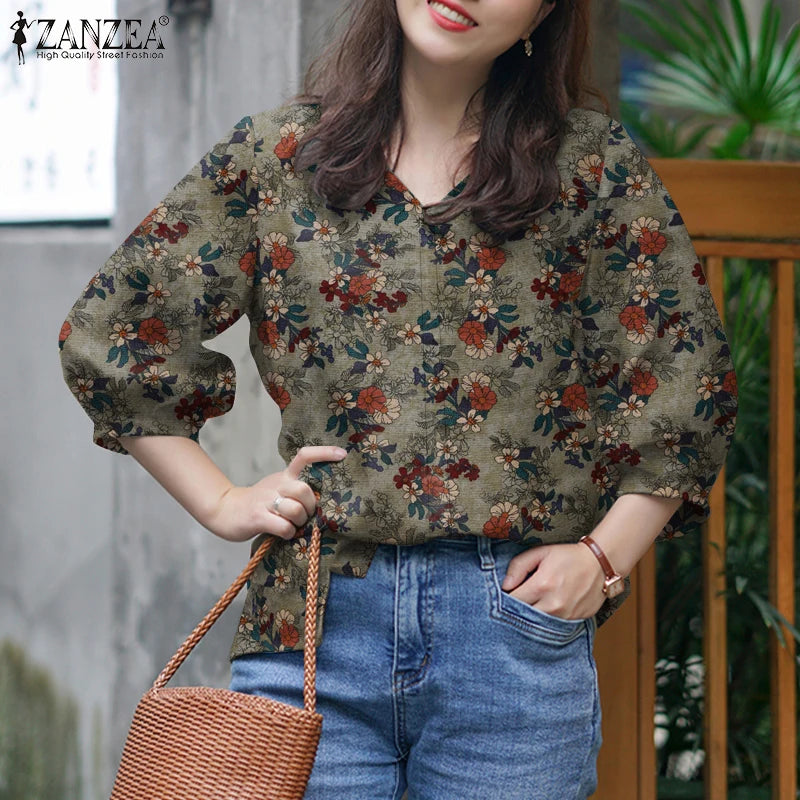 ZANZEA Blusas de algodón con estampado Floral de talla grande para mujer, blusas de manga 3/4 con cuello en V, Top de corte alto-bajo, Blusas informales para primavera y verano, 5XL