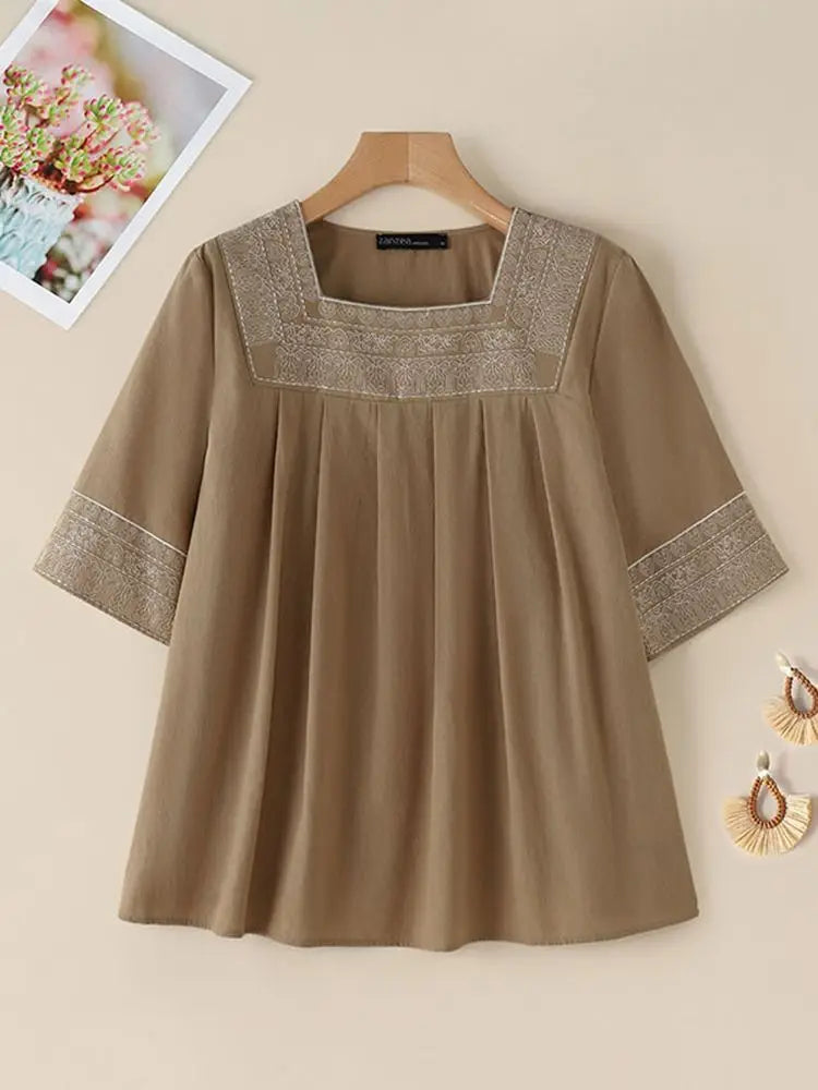 Blusa Vintage Bordada Algodón Cuello Cuadrado Manga Media Mujer