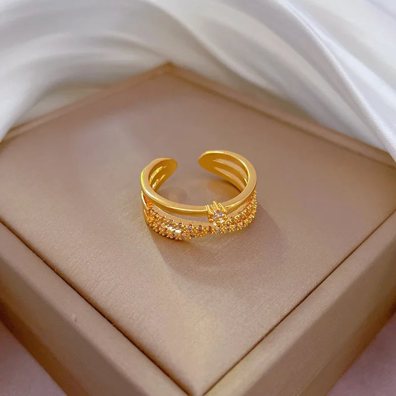 Anillos ajustables con forma de cruz de circón para mujer y niña, anillos de cobre de doble capa de Color dorado, accesorios para dedos, regalos