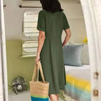 Vestido Camisero de Algodón y Lino Cintura Alta