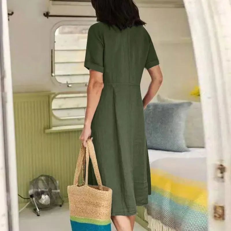 Vestido Camisero de Algodón y Lino Cintura Alta