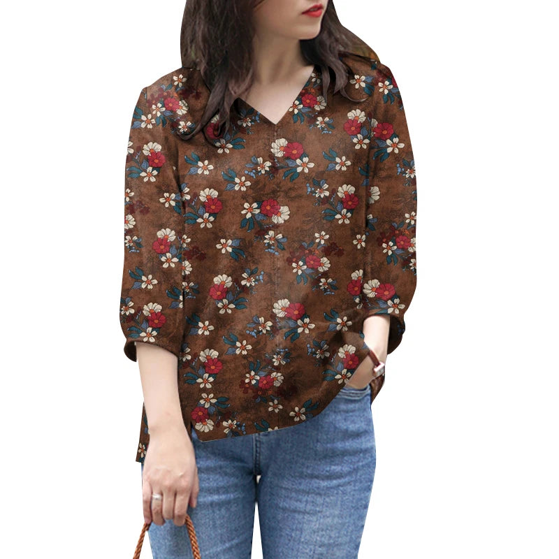 ZANZEA Blusas de algodón con estampado Floral de talla grande para mujer, blusas de manga 3/4 con cuello en V, Top de corte alto-bajo, Blusas informales para primavera y verano, 5XL