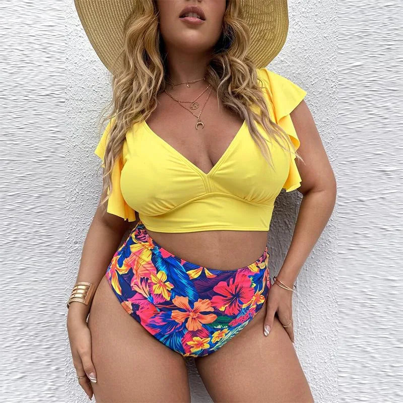 Bikini de Talla Grande con Volantes - Estampado y Tiro Alto para Playa