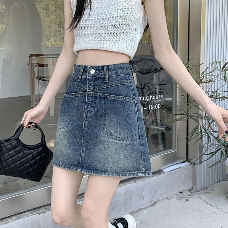 Falda Mini Vaquera Acampanada Cintura Alta | Estilo Coreano Casual Bolsillos