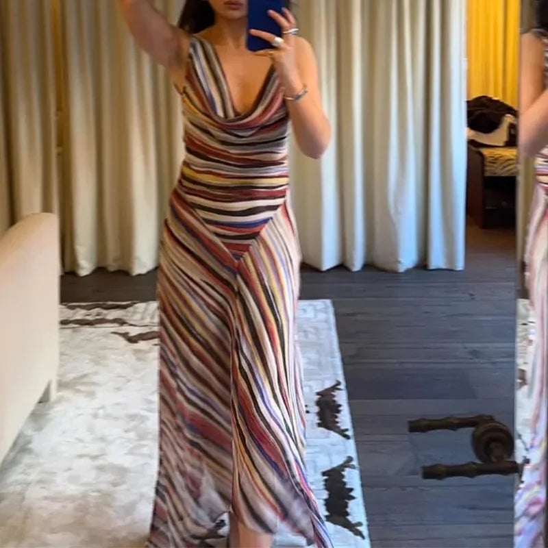 Vestido de Fiesta Rayas Onduladas Cintura Ajustada