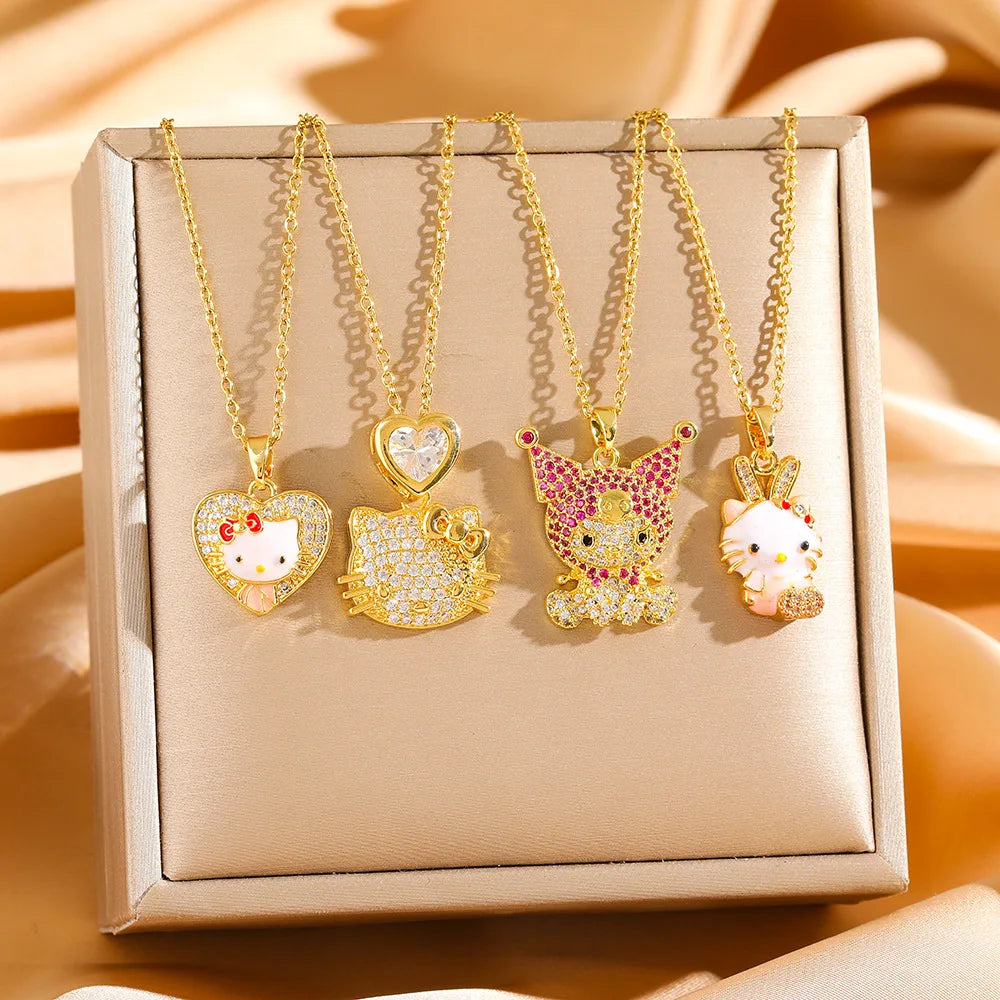 Cadena de acero inoxidable Sanrio lindo Hello Kitty Kuromi collares con colgante de circón brillante para mujeres niñas joyería de moda de Color dorado
