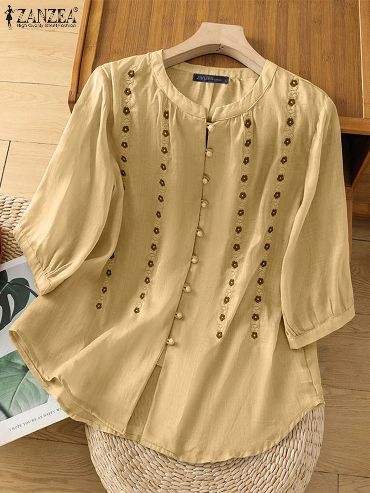 Blusa Vintage 2025 para Mujer | Bordado Floral | Túnica Holgada con Botones | Ticotrendy