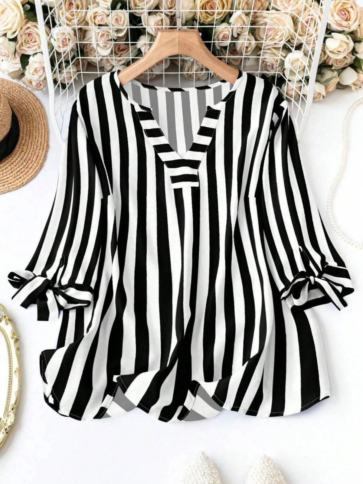 Camisa Cuadros Rayas Cuello V Plus Size | Manga Larga | Tallas 1XL-5XL | Tico Trendy