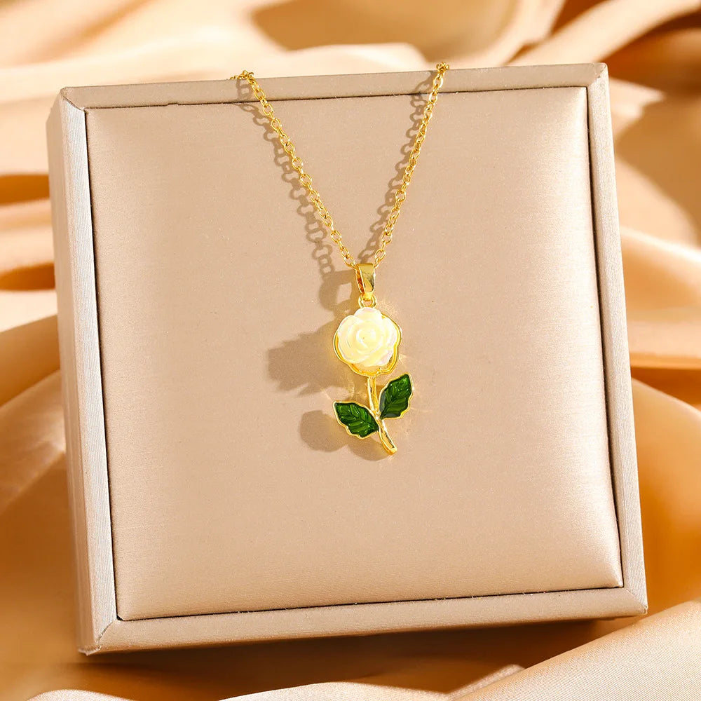Cadena de acero inoxidable, collares con colgante de flor de rosa roja Vintage para mujeres y niñas, accesorios de joyería elegantes Y2k, regalos para amantes