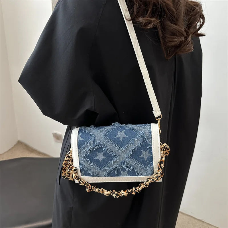Bolso Hombro Vaquero Mujer Retro Estrellas Cinta Leopardo
