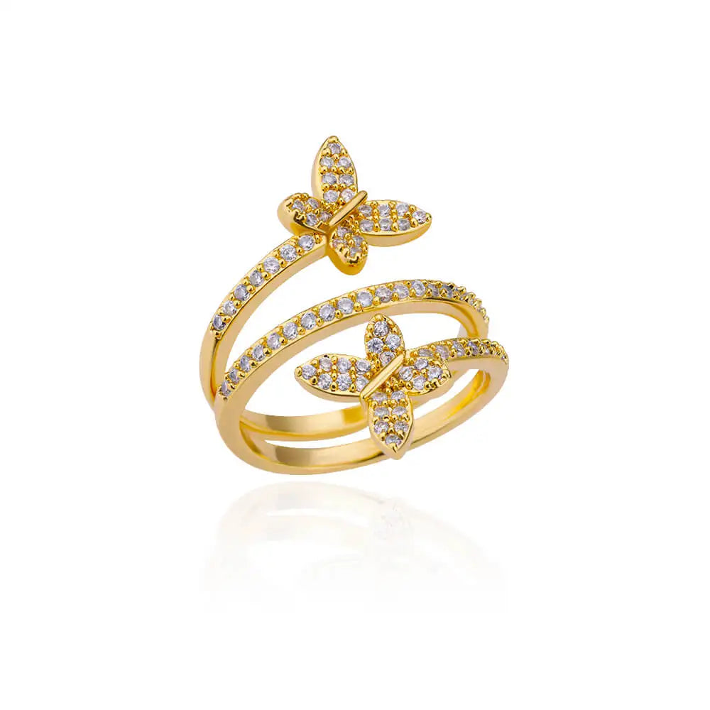 Anillo Ticotrendy | Mariposa Doble Circón | Multicapa Acero Oro | Joyería Fiesta