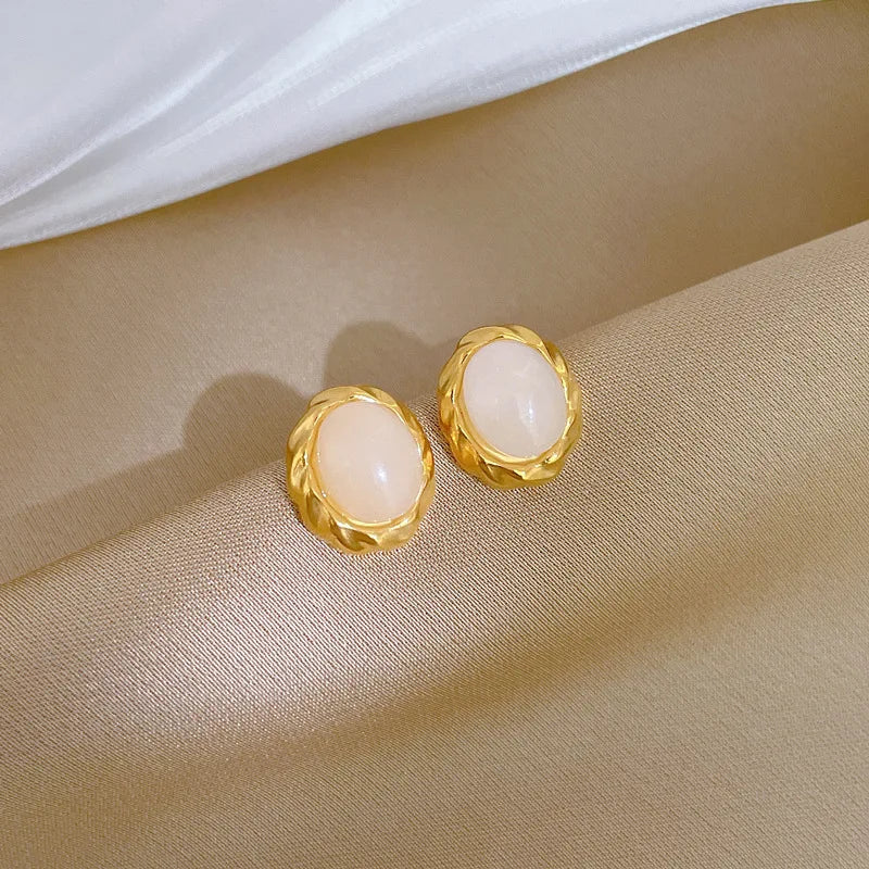 Pendientes ovalados de piedra lunar simples de Color dorado para mujeres y niñas, pendientes de acero inoxidable a la moda, accesorios diarios, regalos de joyería