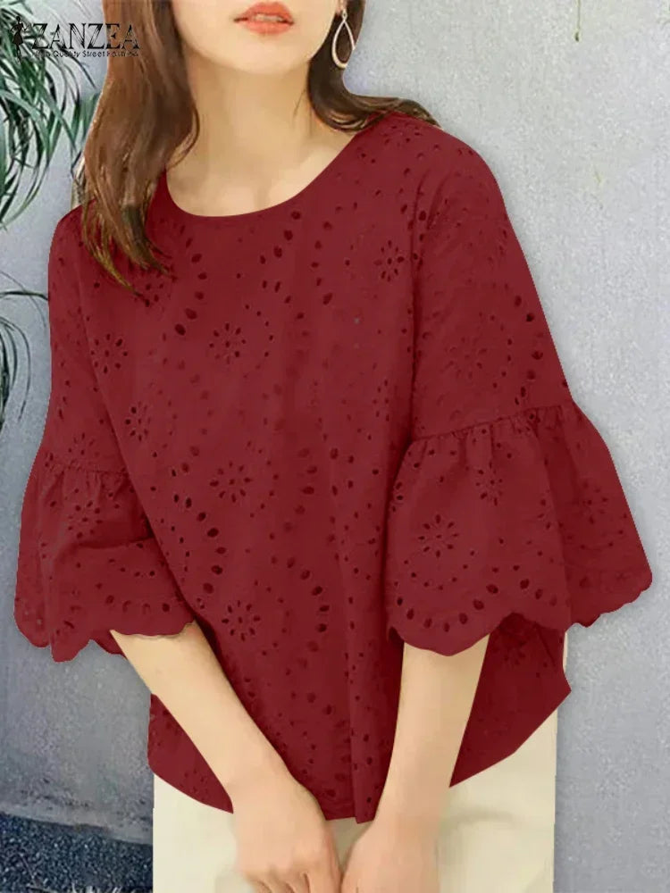 Blusa Bohemia Encaje Crochet Manga Tres Cuartos Estilo Patchwork Mujer