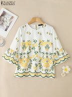 Blusa Bohemia para Mujer | Estampado Floral y Manga Corta | Estilo Vacacional | Ticotrendy