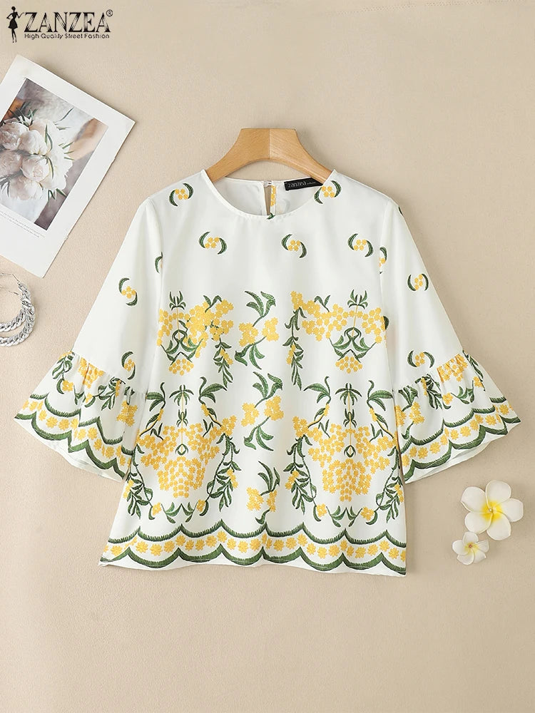 Blusa Bohemia para Mujer | Estampado Floral y Manga Corta | Estilo Vacacional | Ticotrendy