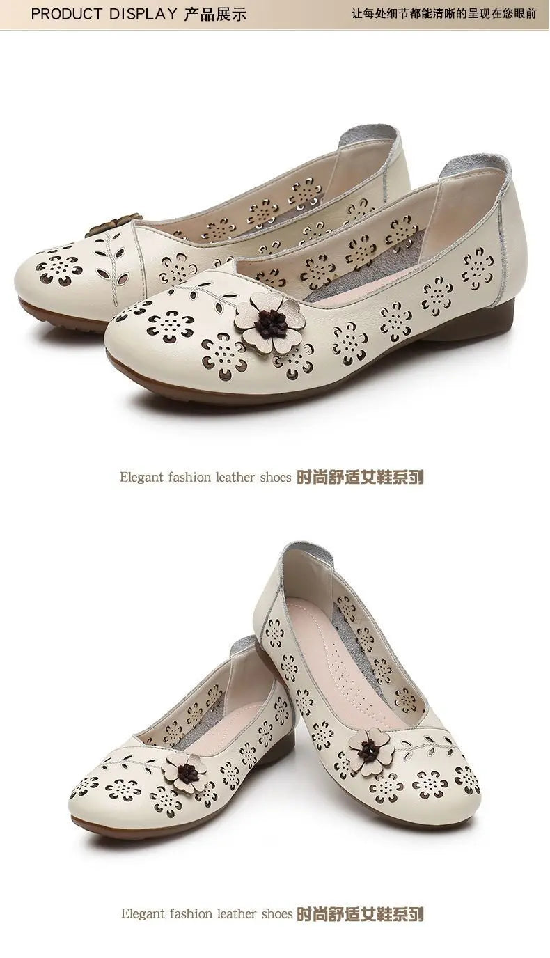 Mocasines de Cuero con Diseño Floral | Recortes Blancos | Planos | Informales