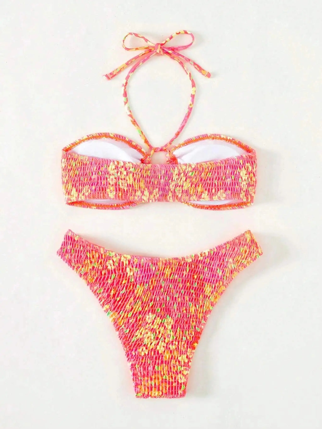 Bikini con Estampado Floral, Halter Ahumado y Parte Inferior de Tiro Alto