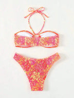 Bikini con Estampado Floral, Halter Ahumado y Parte Inferior de Tiro Alto