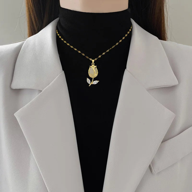 Collar Tulipán Circón ∣ Acero Inoxidable TRENDY ∣ Joyería Vintage Femenina