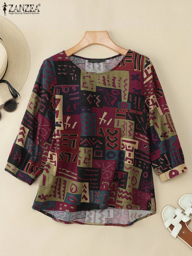 Blusa Retro para Mujer | Estampado Vintage | Túnica Holgada de Algodón | Ticotrendy